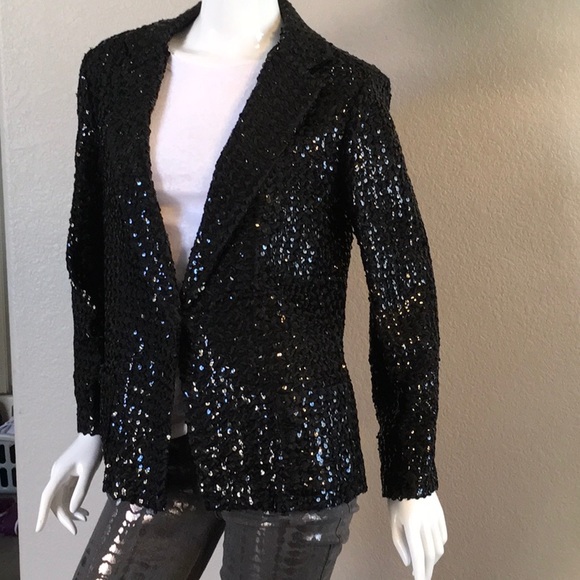 Black Sequined Open Front Jacket - Picture 5 of 8
